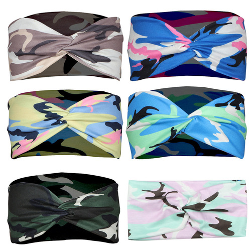 New European and American-style headbands, sports yoga headbands, women's knotted cross-print camouflage hairbands, hair accessories, and headwear