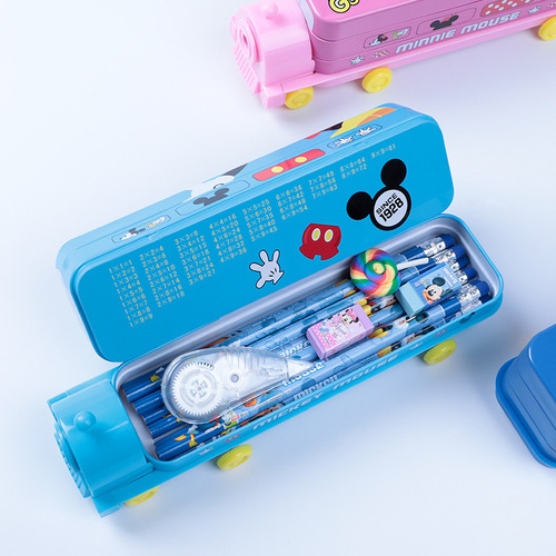 Disney Children's Learning Stationery Box Cartoon Double Decker Train Multi-functional Creative Primary School Iron Pencil Case