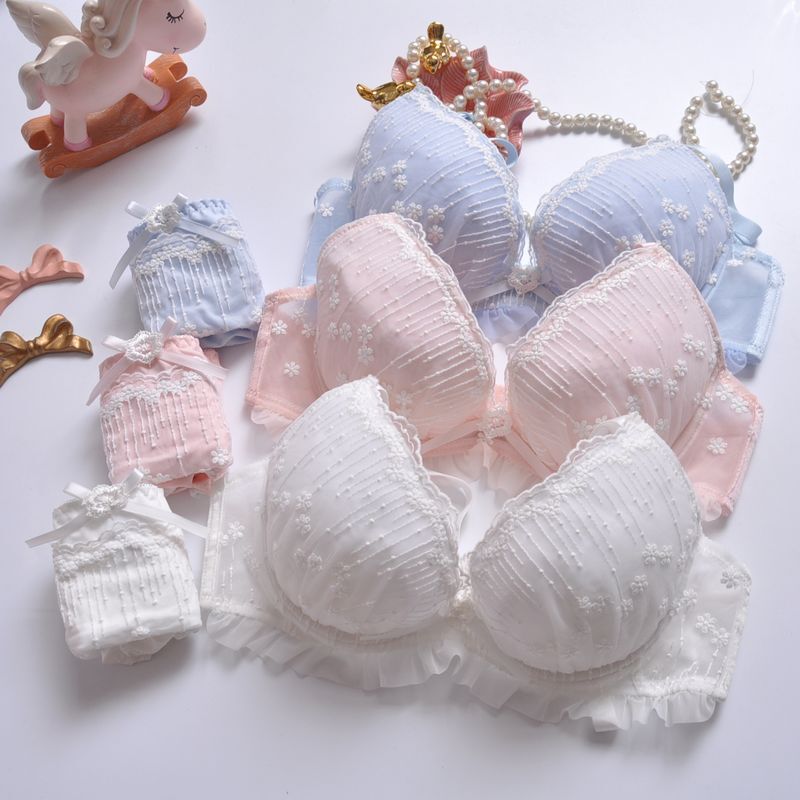 Full Size Japanese Style Sweet Fresh Style Deep V Thin Cup Underwear Hollow Flower Embroidered Bra Set Large Size A- E Cup