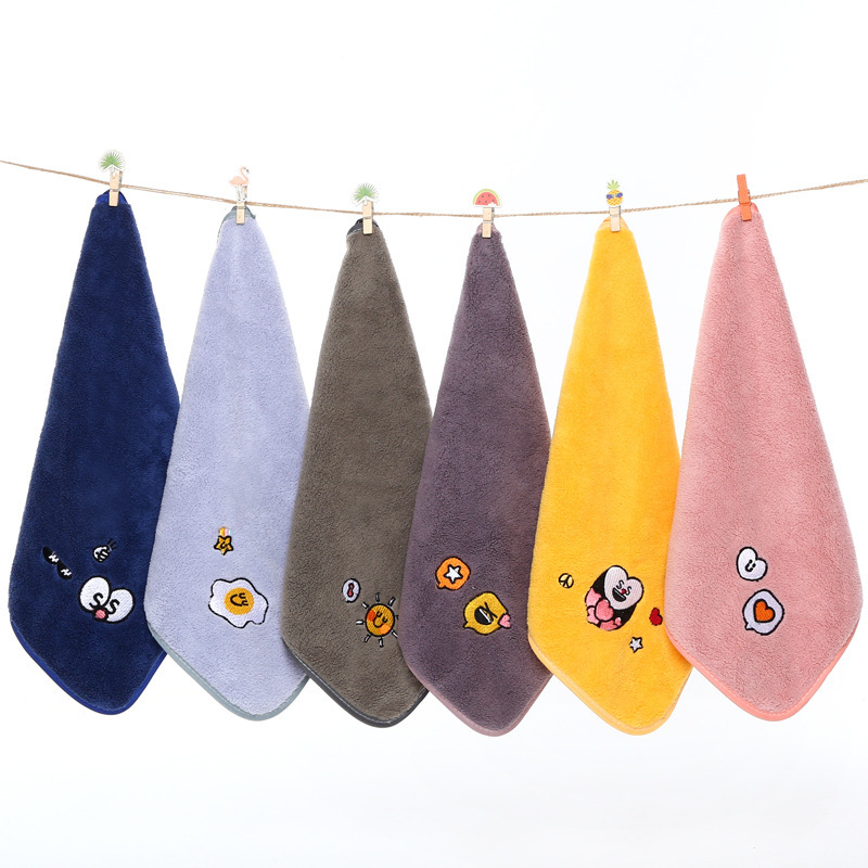 New 350g high density coral fleece embroidered square towel soft absorbent cartoon embroidered towel kitchen bathroom hanging towel