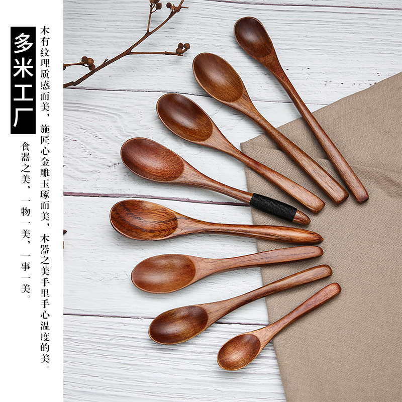 Solid wood lacquer long handle winding wooden spoon Japanese style and wind log small soup spoon free lettering multi-style mixing spoon