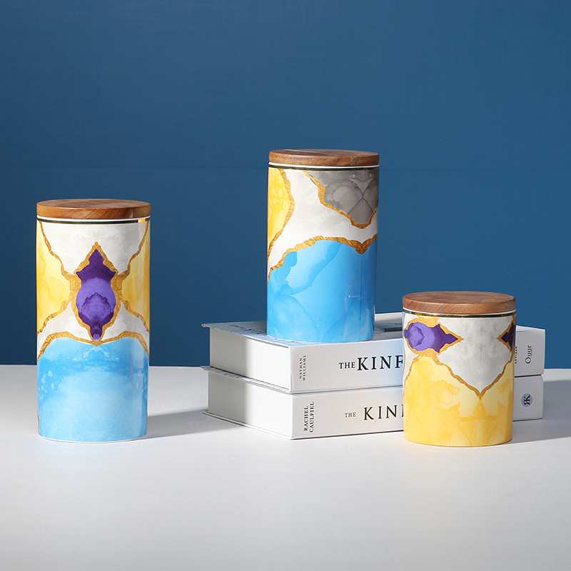Luz estilo de tinta de lujo cerámica sellada tarro café cubo azúcar té condimento granos con tapa almacenamiento creativo tarro Decoración