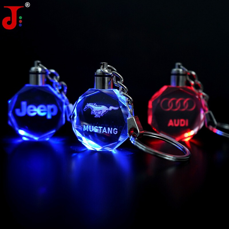 Factory wholesale octagonal car logo Crystal keychain pendant LED luminous keychain meeting gifts
