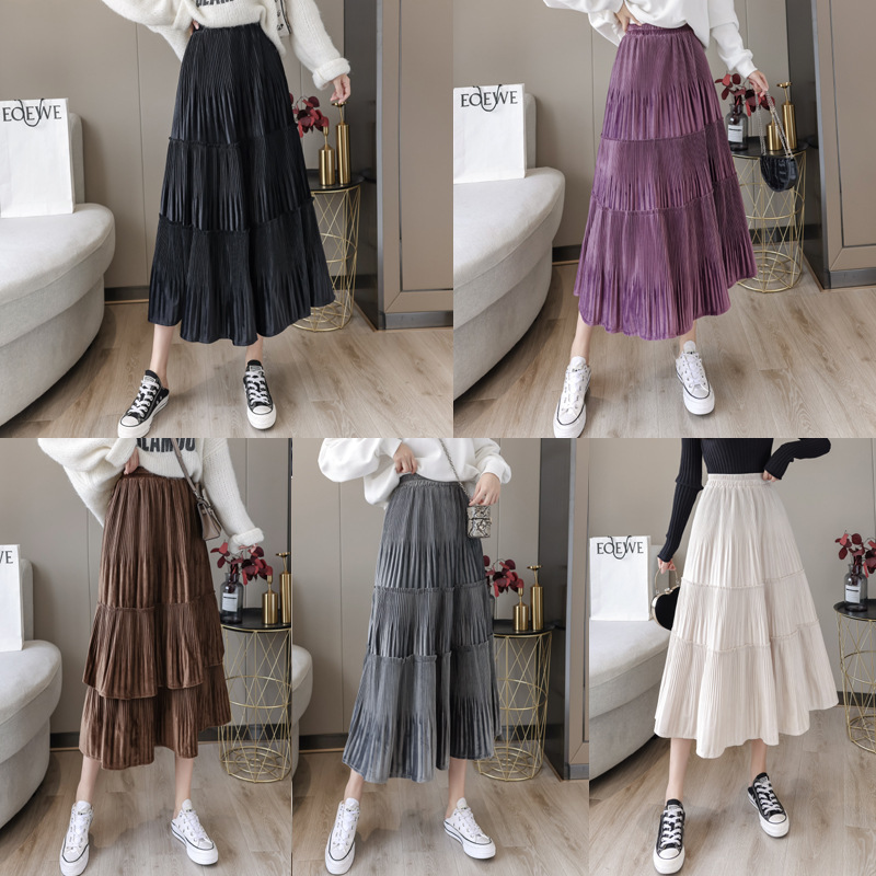 in stock autumn and winter new high waist gold velvet pleated long skirt corduroy stitching skirt women