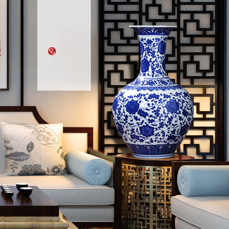 Jingdezhen 도자기 골동품 파란색과 흰색 도자기 꽃병 거실 입구 장식 랙 TV 캐비닛 홈 액세서리 장식품