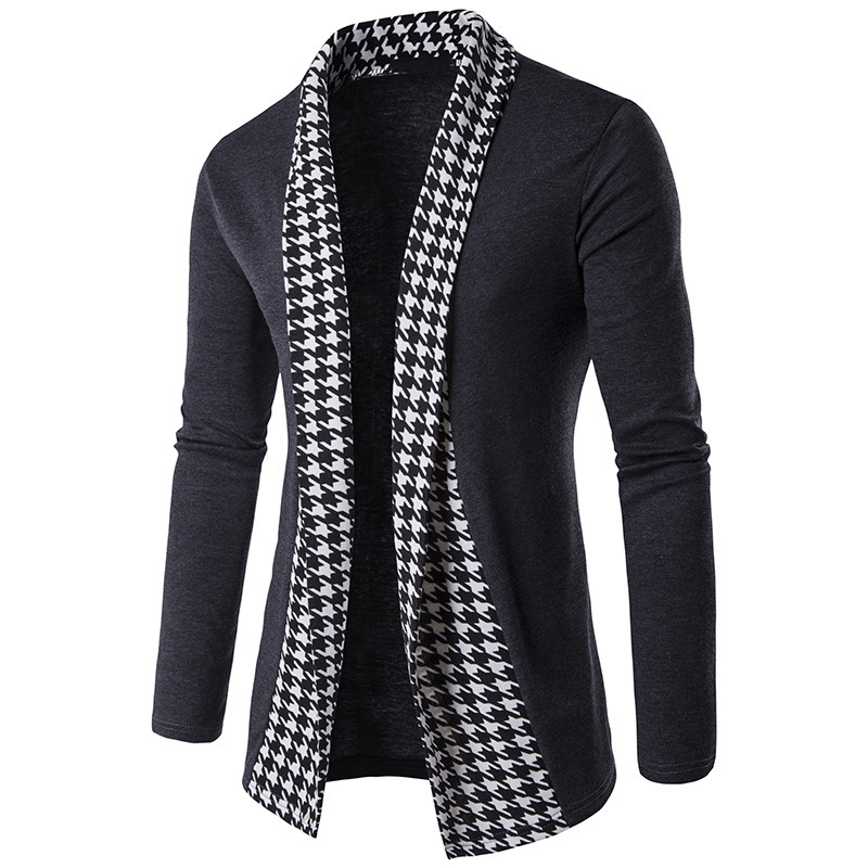 Autumn 2022 Men's Houndstooth Placket Contrast Color Knitwear European Size Fashion Lapel Long Sleeve Cardigan Sweater Coat