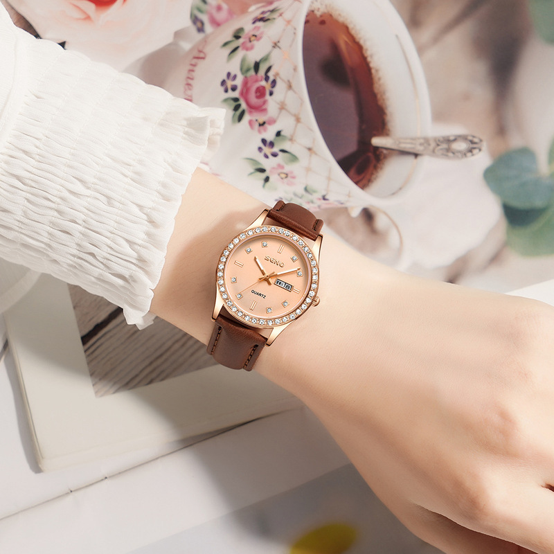Douyin Popular Korean Fully Automatic Alloy Women's Imitation Leather Watch Dual Calendar Luminous Waterproof Student Quartz Watch