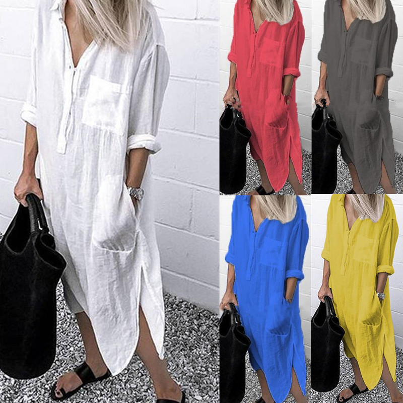 2024 Cross-border Explosions Summer and Autumn Elegant Solid Color Slit Dress Simple Nail Buckle Long Shirt Dress for Women