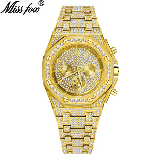 MISSFOX watch men's European and American fashion hip hop full diamond real three-eye octagonal dial waterproof quartz watch wholesale