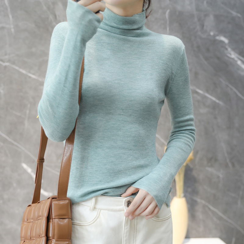 Autumn and Winter New Pile Collar Women's Sweater Turtleneck Slim-fit All-match Solid Color Large Size Sweater Base Knit Sweater
