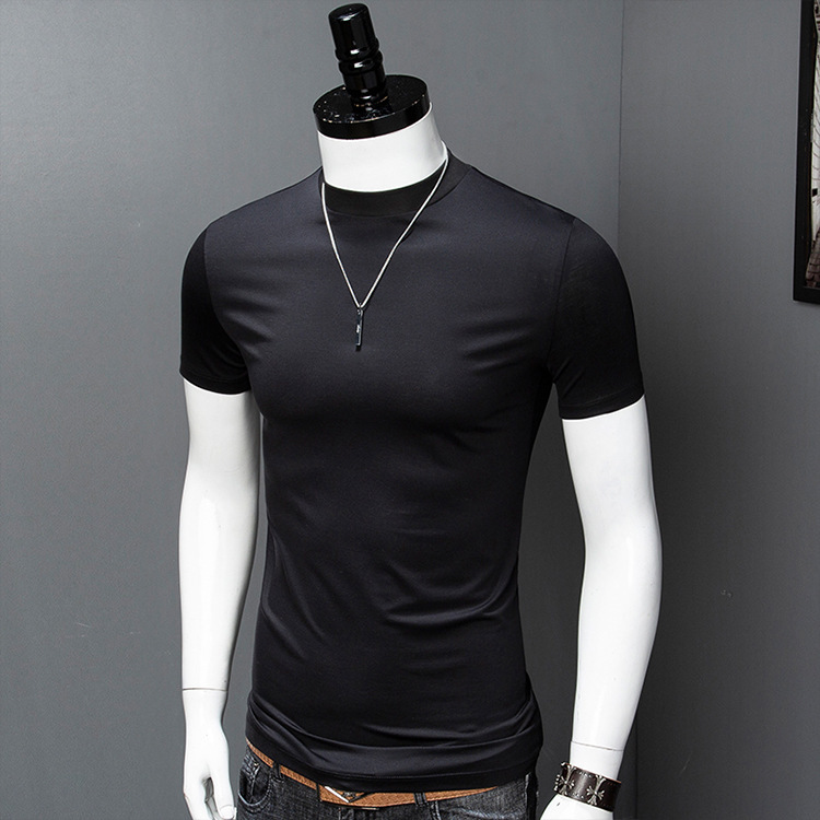 Short-sleeved T-shirt men's 80 double mercerized cotton high quality men's fashion slim-fit solid color small turtleneck bottoming shirt top