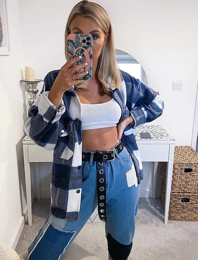 Abrigo de Lana Estilo Camisa para Mujer de Poliéster, Estampado a Cuadros, Monopecho para Otoño e Invierno