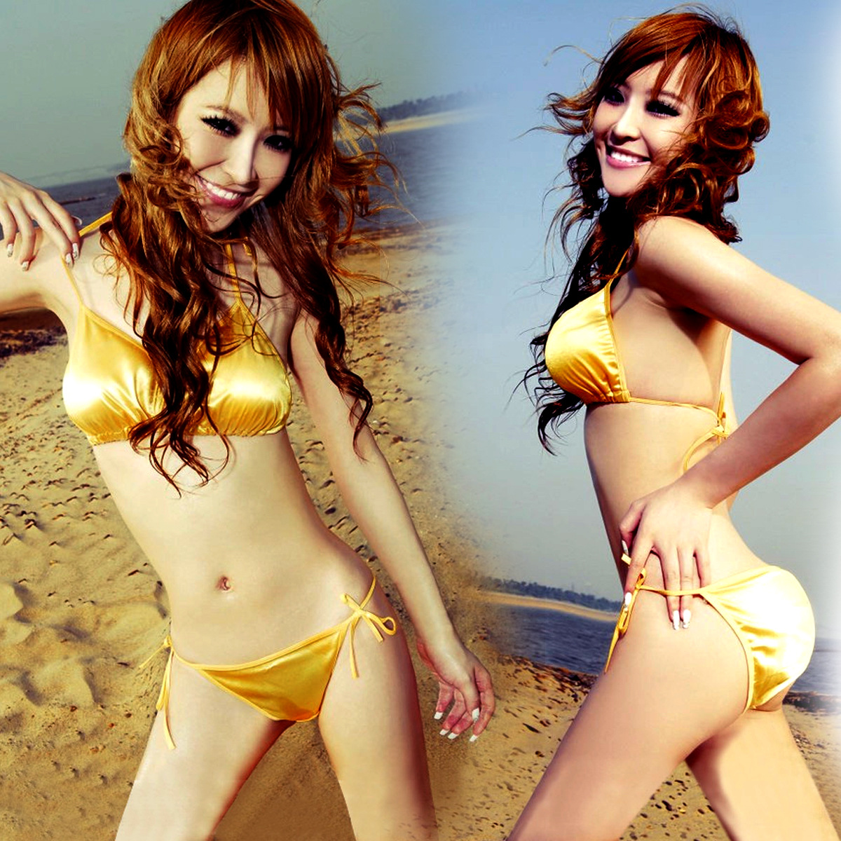 漆皮情趣内衣三点系带内裤女性感金色多色镂空泳衣7035比基尼|ms