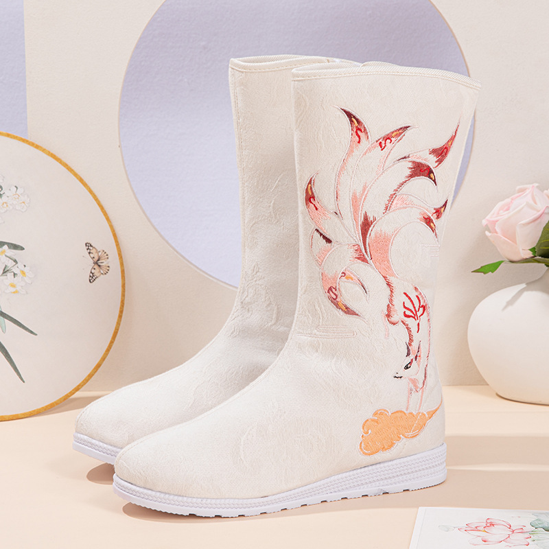 九尾单靴新款老北京布女靴子民族风拉链汉服中筒鞋橡胶底靴子