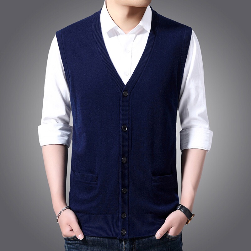 Middle-Aged Men's Cardigan Sleeveless Button-Down Dad Sweater Knit Jacket Single-Breasted Wool Vest
