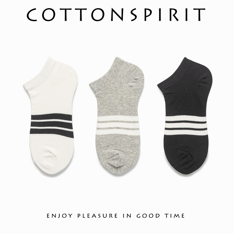 Men's and Women's Couple's Spring and Summer Three Bars Simple Fashion Striped Japanese and Korean Soft and Comfortable Breathable Cotton Boat Socks