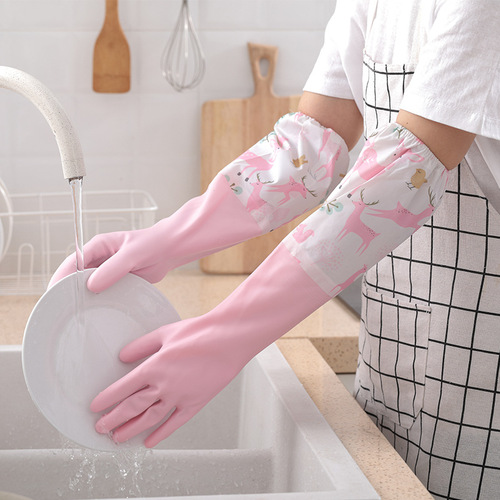 Kitchen housework cleaning laundry rubber gloves women's extended waterproof, durable and beautiful single-layer glove dishwashing gloves