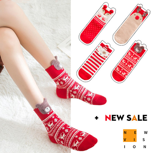 Autumn and winter socks cartoon three-dimensional Christmas socks cute sweet red socks New Year Christmas gift box dropshipping
