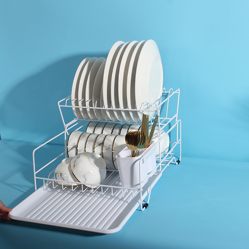 Directo de fábrica de hierro nórdico vajilla plato de almacenamiento estante de almacenamiento de cocina multifuncional estante de drenaje de doble capa estante del Tazón