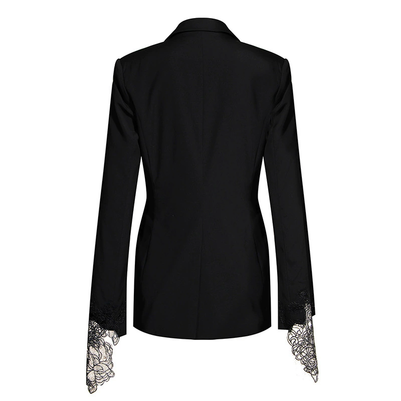 Classic Spring Suit Jacket, Lace Trim & Embroidery, Single-Button Tailored Blazer