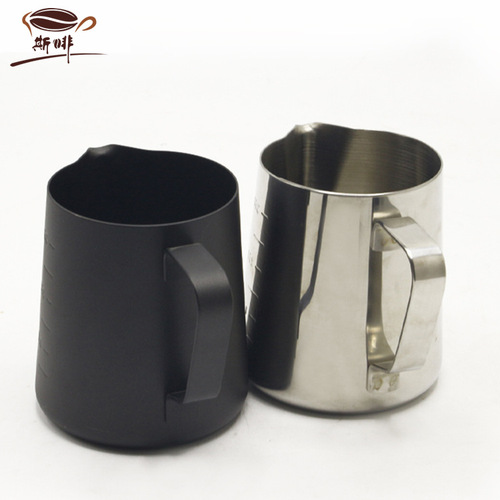 SFF 304 stainless steel milk foam cup with scale, fancy coffee utensils, Teflon latte art cylinder for milking