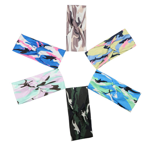 New European and American-style headbands, sports yoga headbands, women's knotted cross-print camouflage hairbands, hair accessories, and headwear