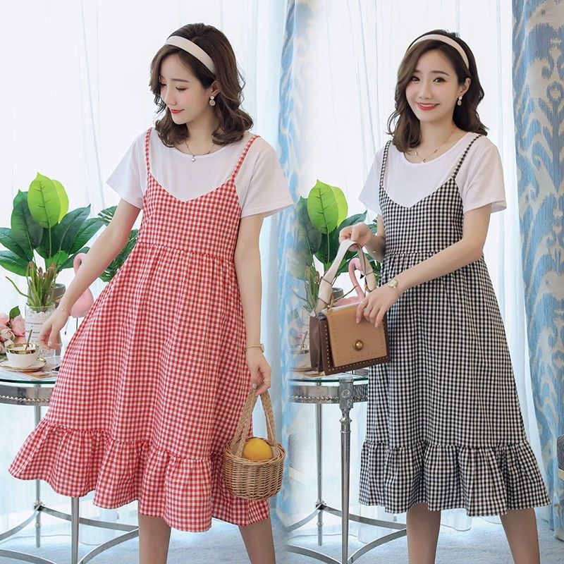 Maternity dress summer short-sleeve middle-long grid Korean version loose plus-size two-piece maternity skirt summer outfit