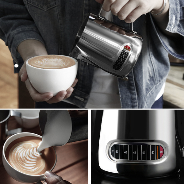 Stainless steel latte art cup with temperature sticker latte art…