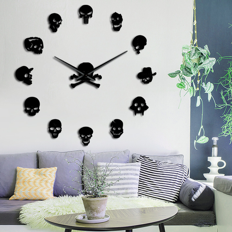 DIY Creative Mirror Wall Sticker Wall Clock Skull Head Acrylic Fashion Decorative Wall Sticker Clock Mute Clock