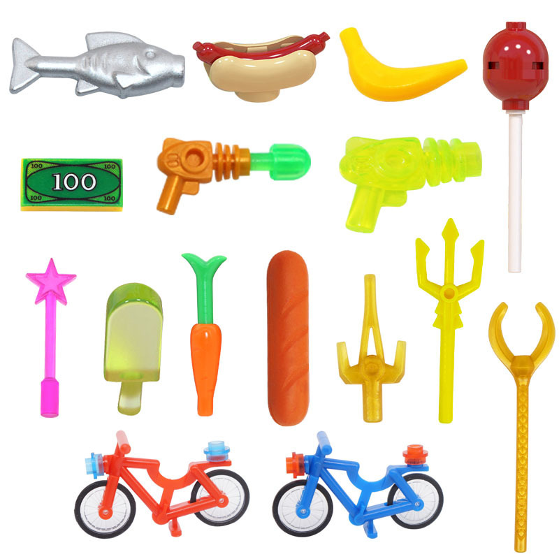 Cross-border wholesale small particle building blocks for children general accessories small bicycle laser bread banana fish hot dog toys