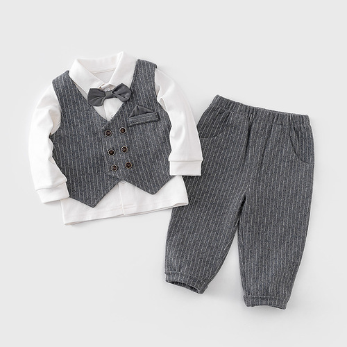Stylish Boy Set Spring and Autumn Children's Clothes Baby First Birthday Dress Boy Baby Vest Gentleman Three-Piece Set Wholesale