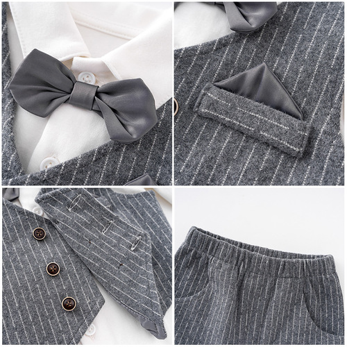 Stylish Boy Set Spring and Autumn Children's Clothes Baby First Birthday Dress Boy Baby Vest Gentleman Three-Piece Set Wholesale