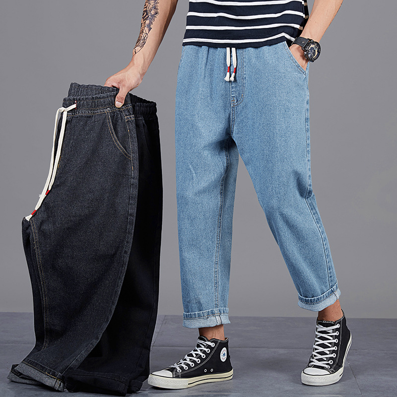 Large Size Men's Nine-point Jeans Loose Harlan Straight Pants Wide Leg Draping 9-point Hong Kong Style Trendy Brand Torre Pants