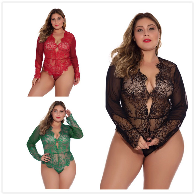 Sexy and Alluring Plus-Size Lace Lingerie, European and American Style New Long-Sleeved Nightgown, Sleeved, Foreign Trade Supply