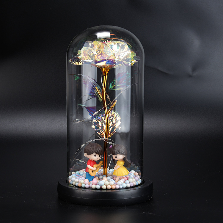 Cruz-frontera eterna flor Rosa cubierta de vidrio color oro flor música con luces regalo del Día de San Valentín Navidad escritorio pequeños adornos