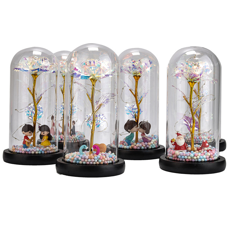 Cruz-frontera eterna flor Rosa cubierta de vidrio color oro flor música con luces regalo del Día de San Valentín Navidad escritorio pequeños adornos