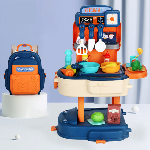 Cross-border children's simulation kitchen tableware cosmetics tools supermarket play house backpack pet doctor school bag toys