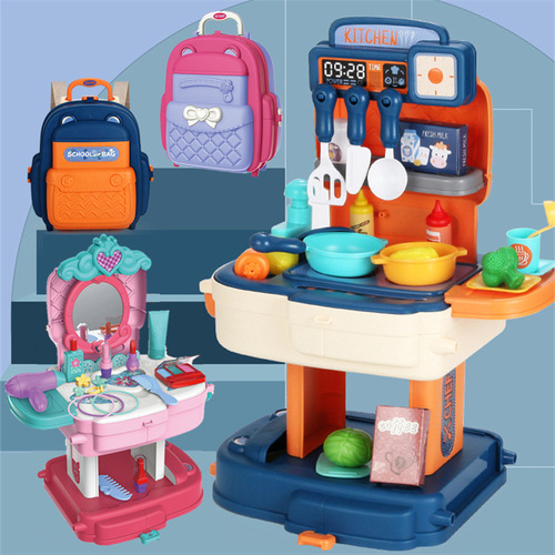 Cross-border children's simulation kitchen tableware cosmetics tools supermarket play house backpack pet doctor school bag toys