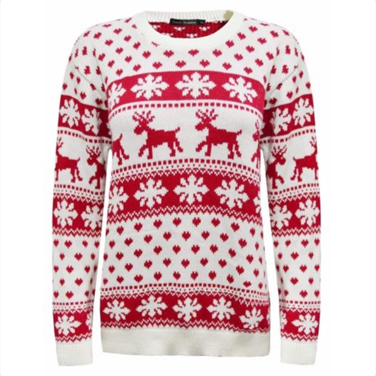 Syksy ja talvi AliExpress Amazon -villapaita Naisten eurooppalainen ja amerikkalainen joulupunainen pyöreäpääntie Fawn Snowflake Jacquard-neulepusero