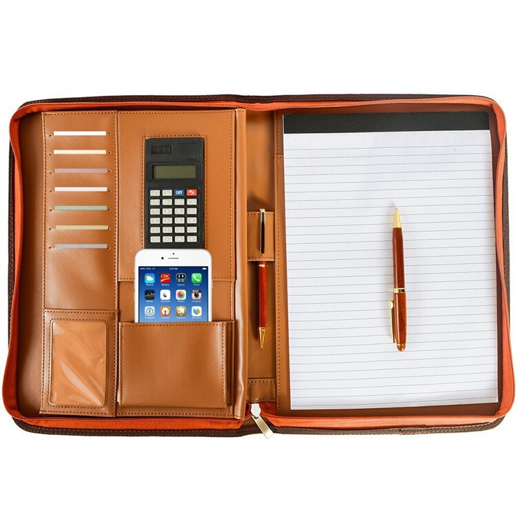 Cross-border export business A4 folder with Calculator mobile phone bag brown PU file bag can be installed tablet computer