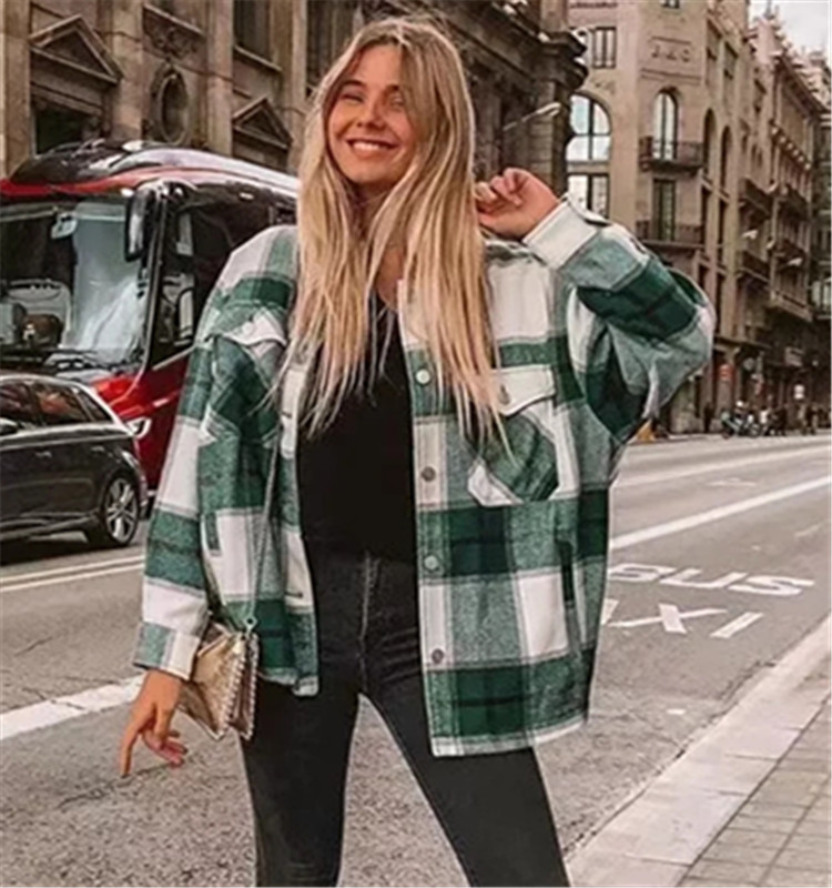 Abrigo de Lana Estilo Camisa para Mujer de Poliéster, Estampado a Cuadros, Monopecho para Otoño e Invierno