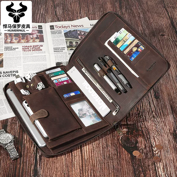 2020 New Ipad Computer Protective Case Leather Buckle Multi-function Business Handbag Crazy Horse Leather Flat Leather Case
