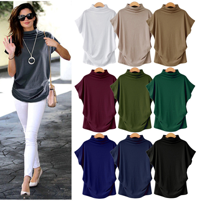 Cross-border European and American large size women's high collar top WISH Amazon high collar T-sleeve short sleeve t-shirt women's factory wholesale