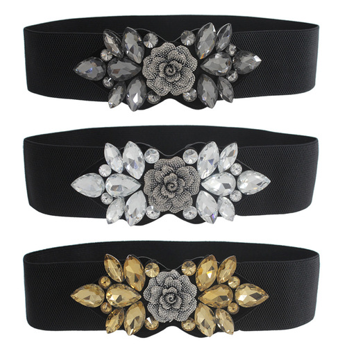 Rose rhinestone inlaid elastic elastic belt for women with dress down jacket decorated with black waistband