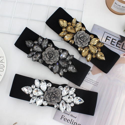 Rose rhinestone inlaid elastic elastic belt for women with dress down jacket decorated with black waistband