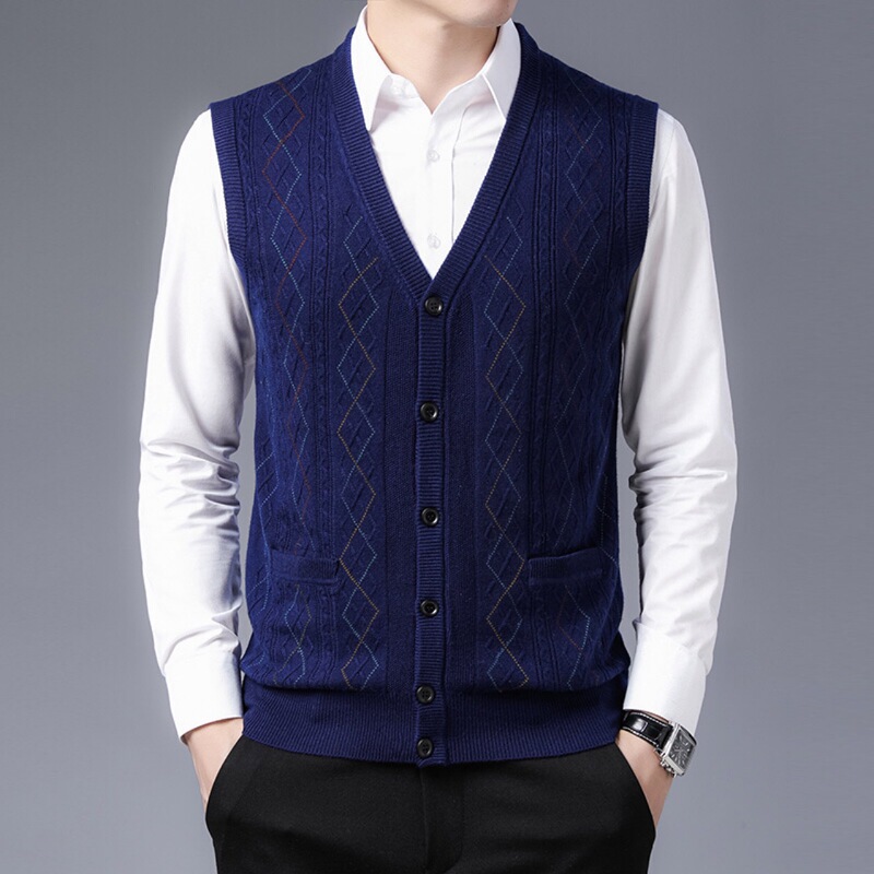 Middle-Aged Knitted Cardigan Vest from Puyuan, Sleeveless Wool Vest for Men over 50, Dad Style, Wool Blend Plaid Pattern Middle-Aged Knitted Cardigan Vest from Puyuan, Sleeveless Wool Vest for Men over 50, Dad Style, Wool Blend Plaid Pattern