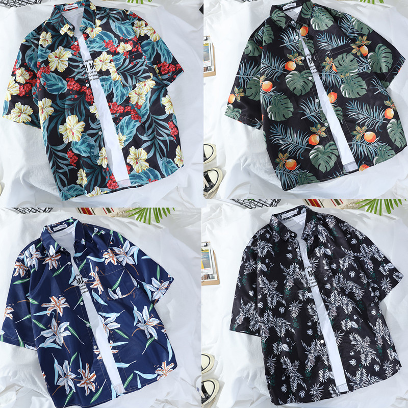 Korean Retro Hawaiian Short-Sleeved Shirts for Men and Women, Hong Kong Style Chic Loose-Fitting Couple Beach Floral Shirts Trendy