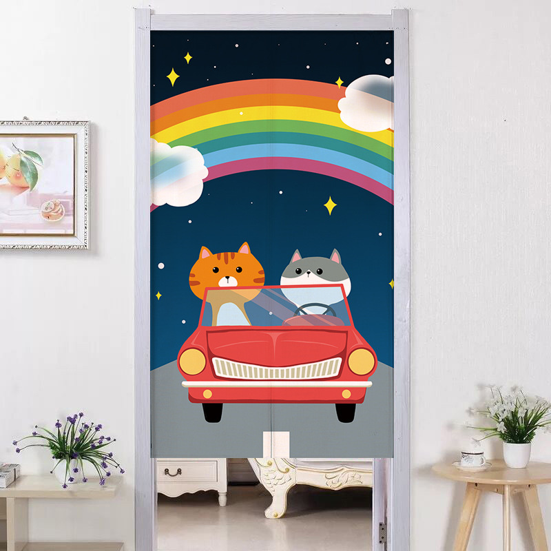 Cute Cartoon Door Curtain Kitchen Bathroom Fabric Curtain Fitting Room Partition Decoration Digital Printing Punch-Free Half Curtain