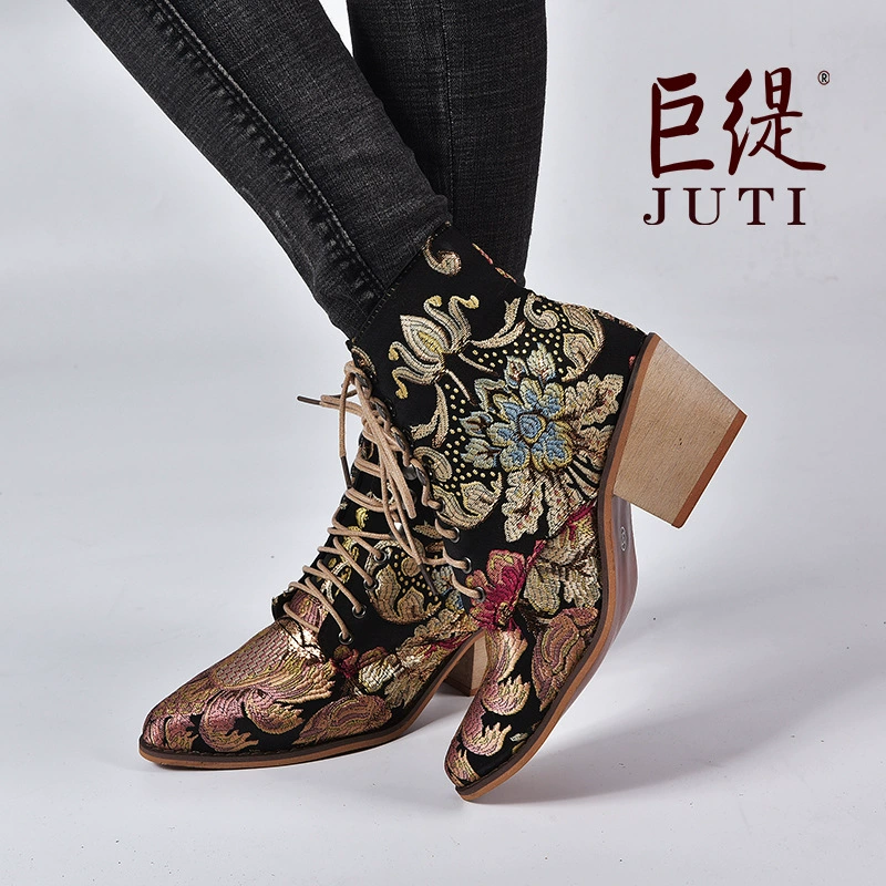 Juti в наличии, зимняя женская обувь 2020, желаю Amazon indevident Station, новые женские ботильоны с вышивкой на массивном каблуке