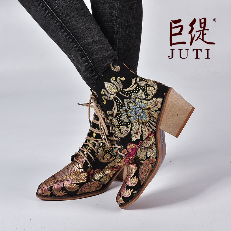 Juti in stock 2020 winter women's shoes wish Amazon independent station New chunky heel embroidered women's ankle boots